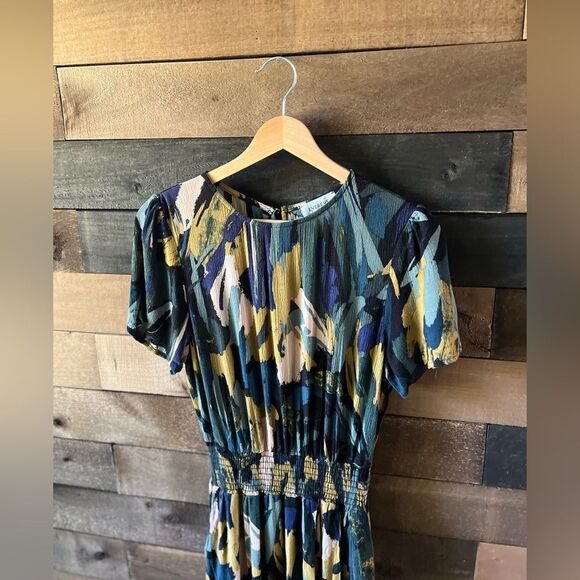 Evereve Abstract Print Elastic Waist Midi Dress Short Sleeve Size S Made in USA - Picture 2 of 10